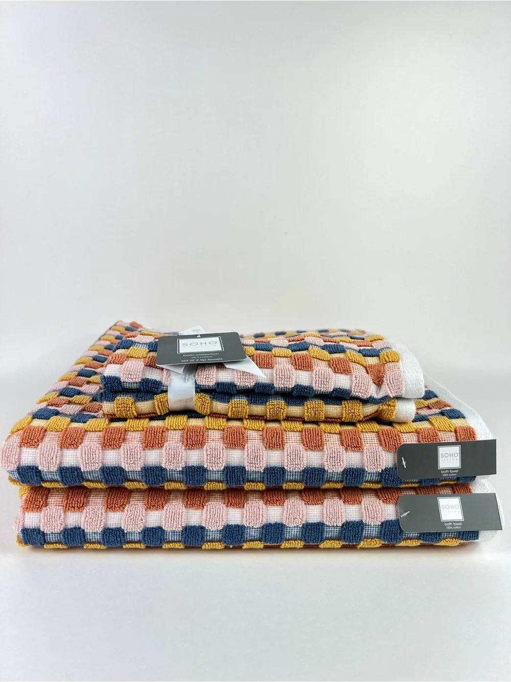 SOHO Living Bath Towel Set Waffle Weave Check Pattern Navy Orange Pink 4Pc NEW